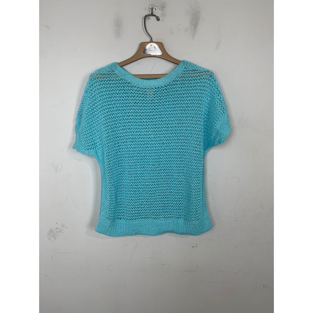 Chicos Turquoise Blue Open Knit Crochet Short Sleeve Sweater Top Petite 2P